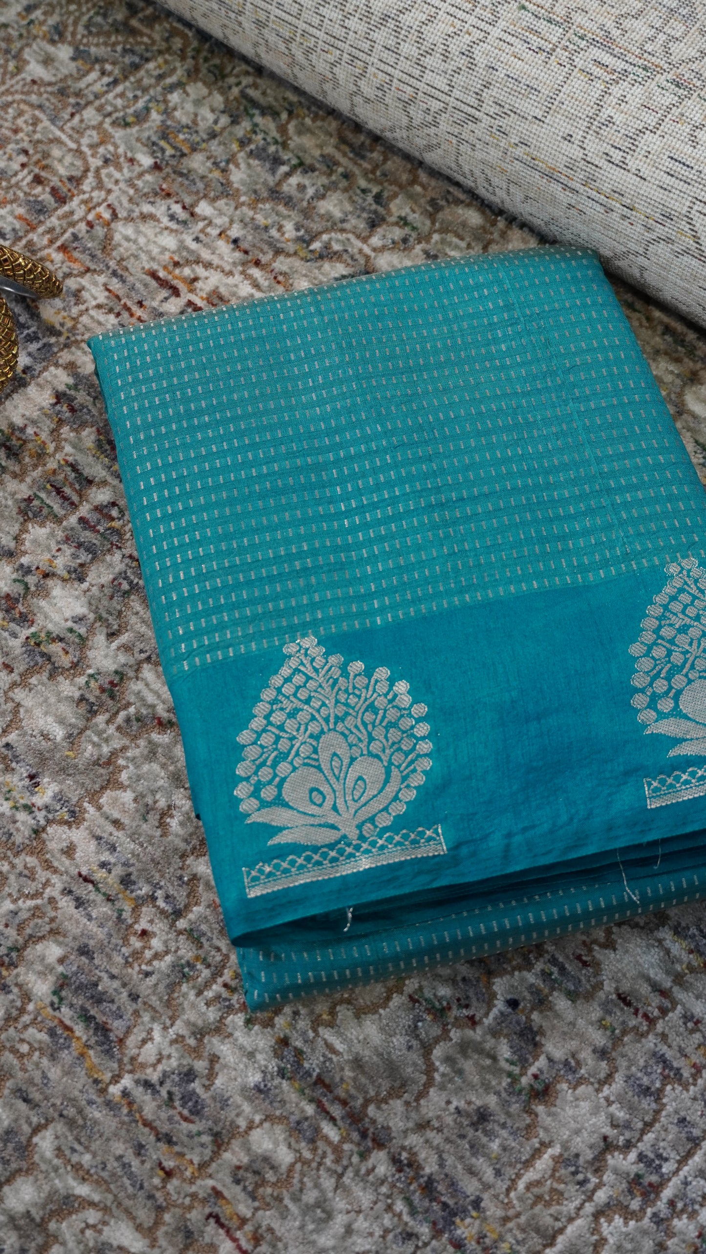 Semi Tussar- Mini Zari Lines Peacock Green