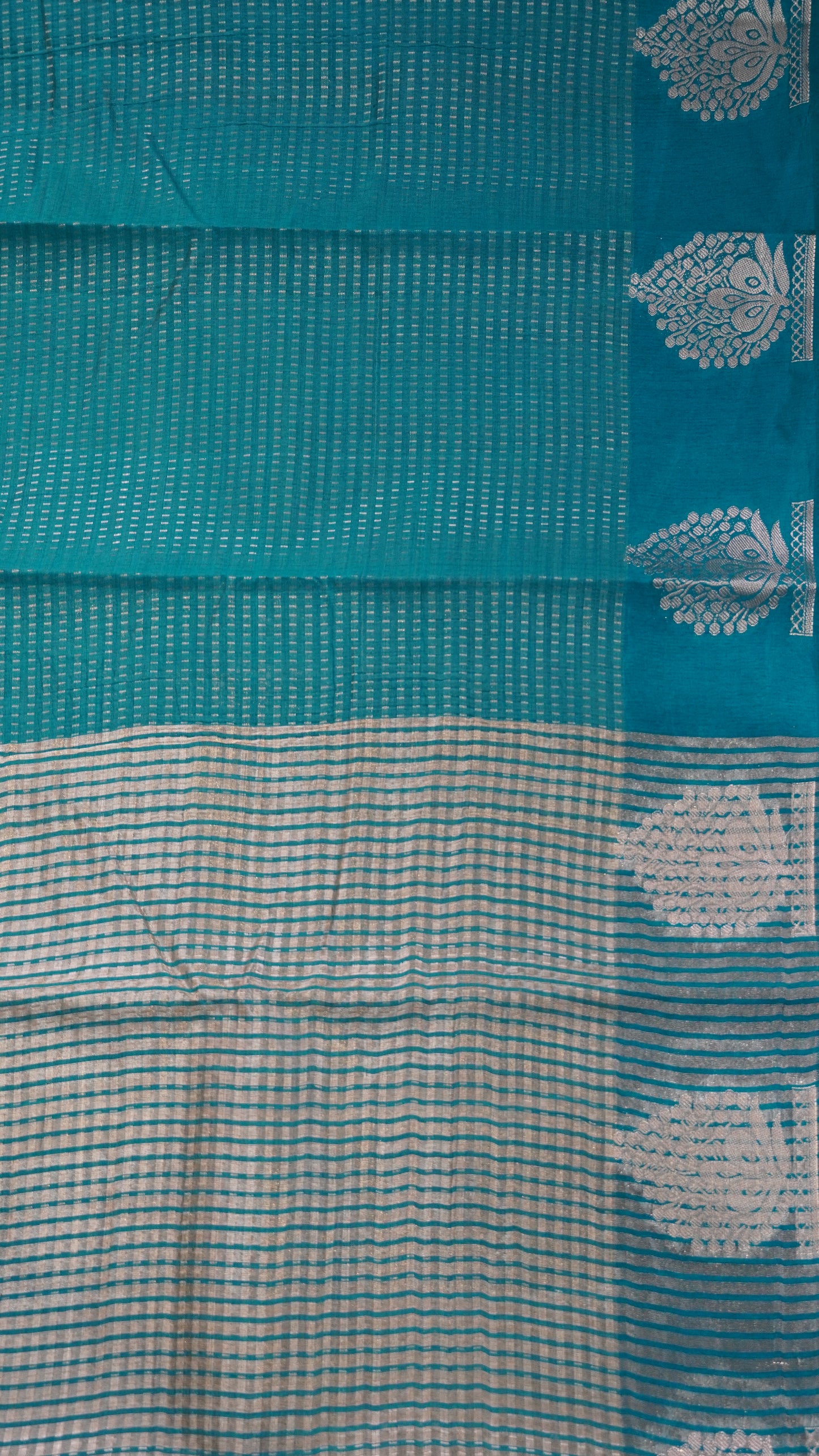 Semi Tussar- Mini Zari Lines Peacock Green