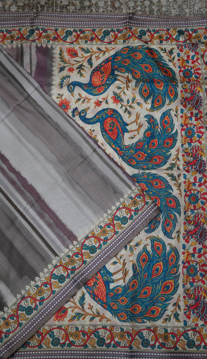 Crepe Silk Saree-Grey with Kalamkari Border and Pallu