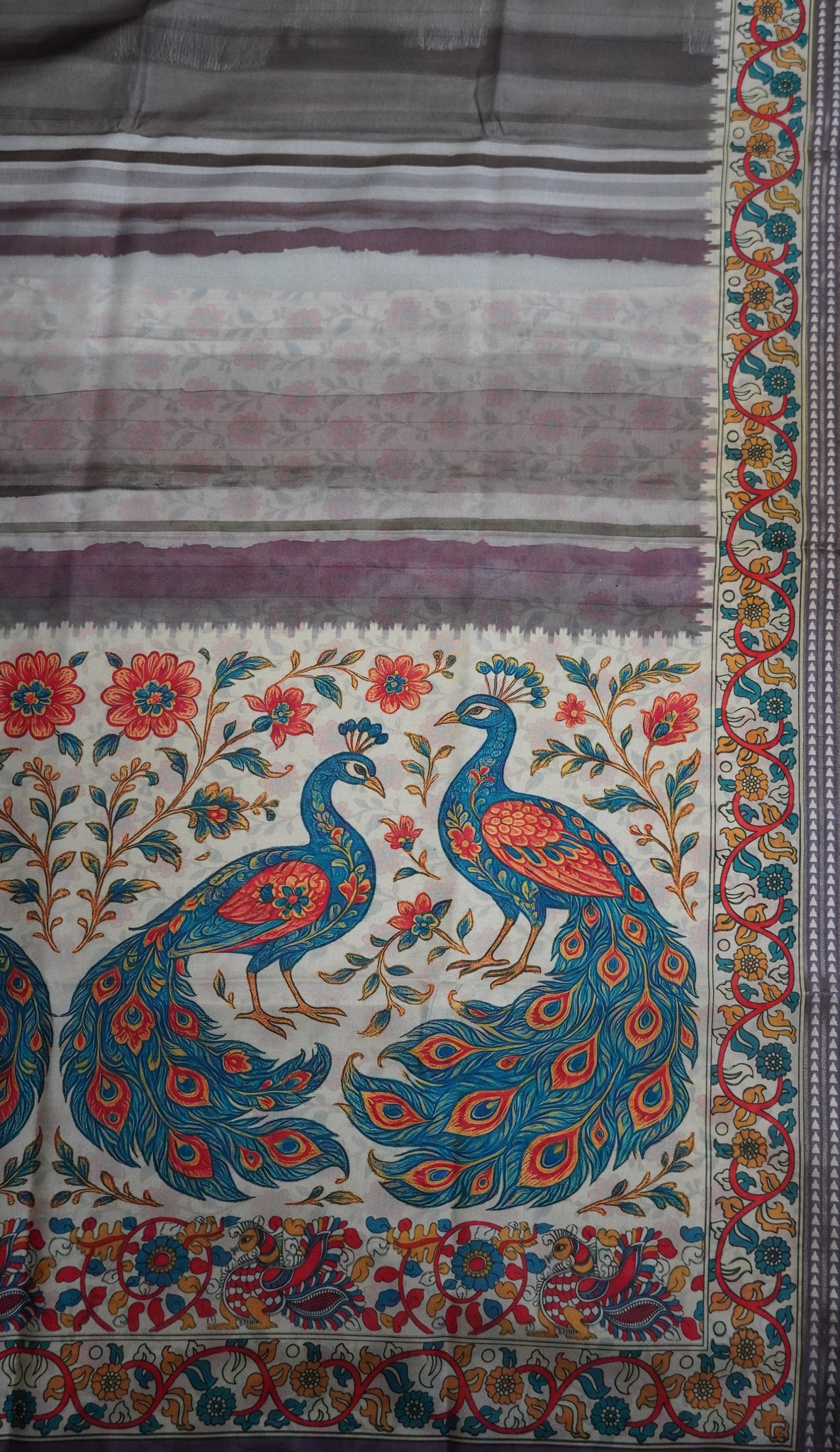 Crepe Silk Saree-Grey with Kalamkari Border and Pallu
