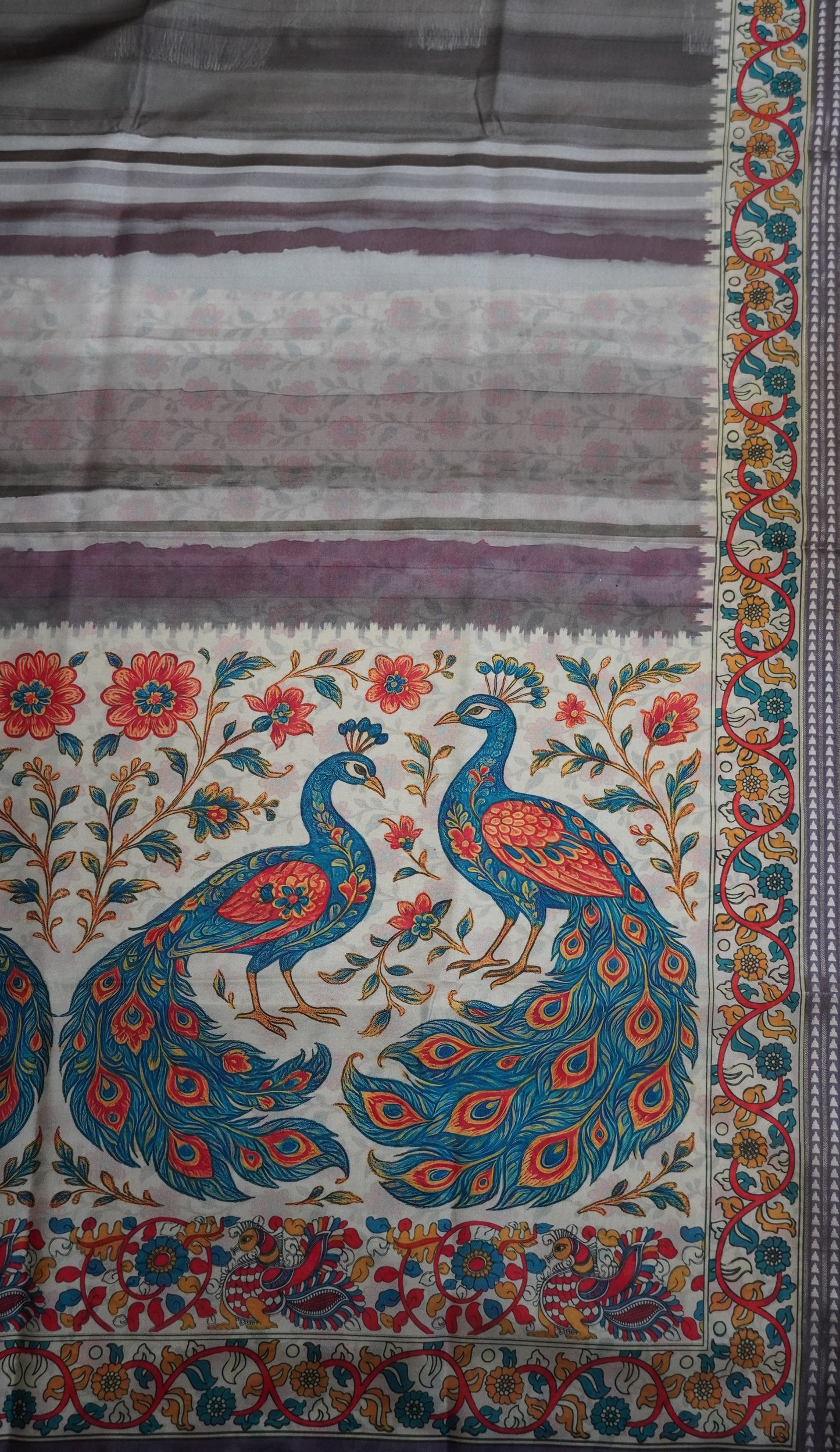 Crepe Silk Saree-Grey with Kalamkari Border and Pallu