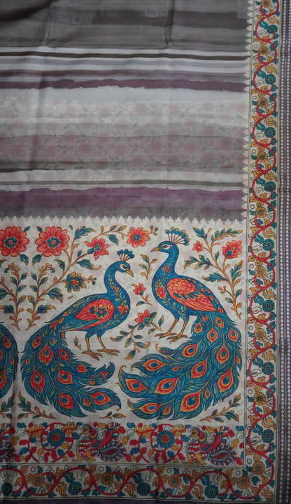 Crepe Silk Saree-Grey with Kalamkari Border and Pallu