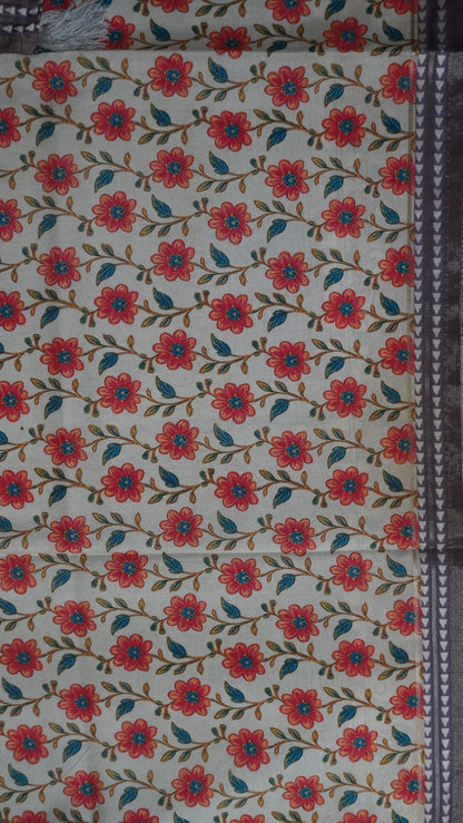 Crepe Silk Saree-Grey with Kalamkari Border and Pallu