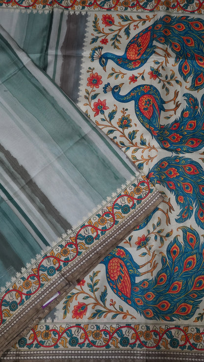 Crepe Silk Saree-Metallic Green with Kalamkari Border and Pallu