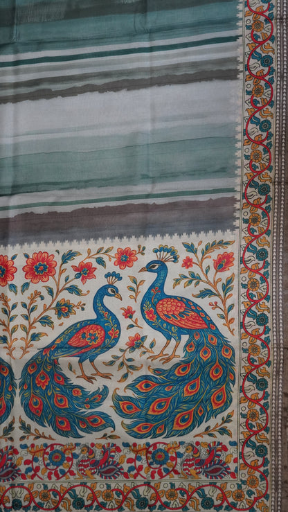 Crepe Silk Saree-Metallic Green with Kalamkari Border and Pallu