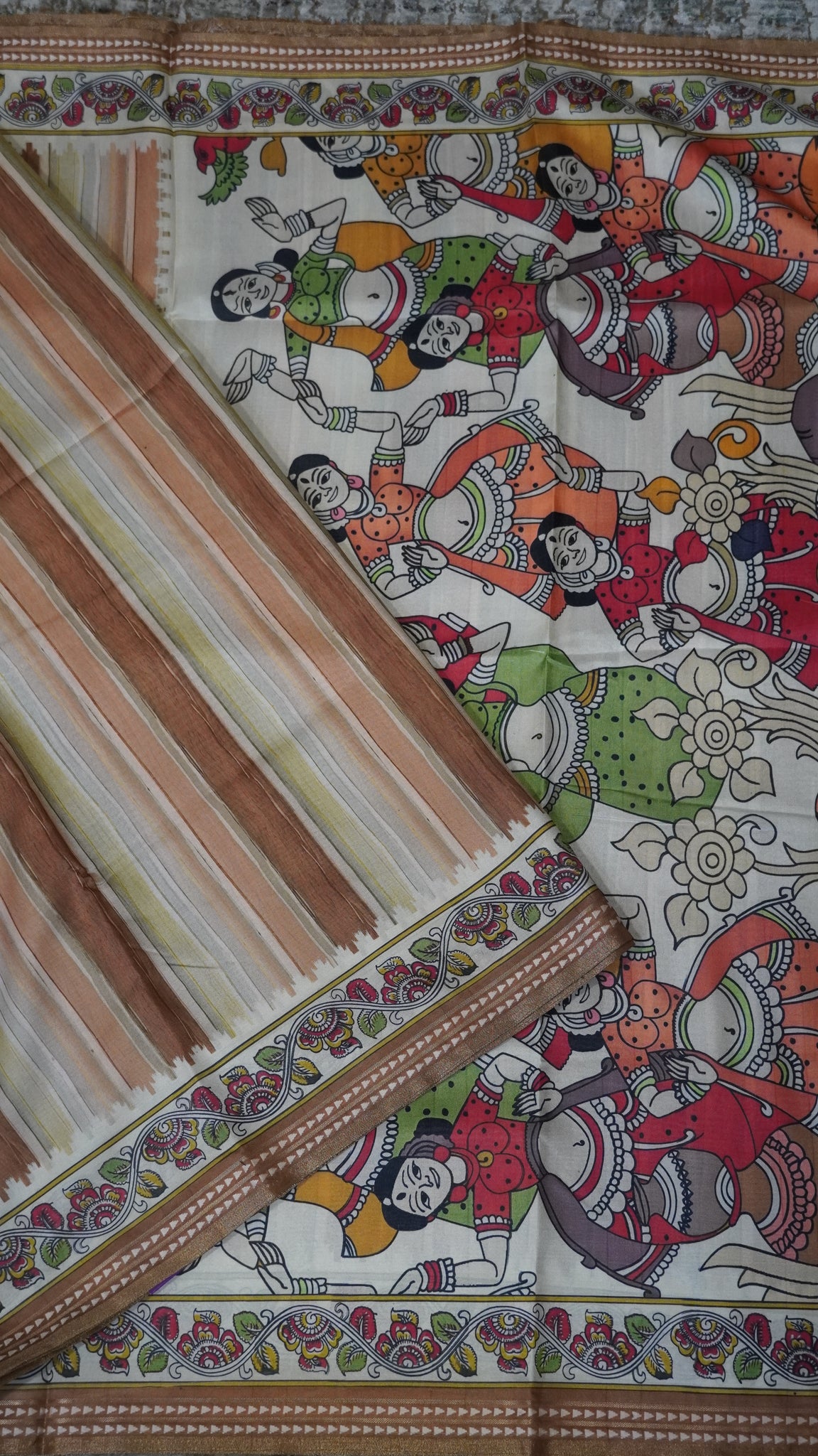 Crepe Silk Saree-Light Khaki with Kalamkari Border and Pallu