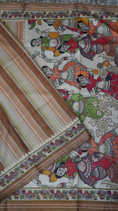 Crepe Silk Saree-Light Khaki with Kalamkari Border and Pallu