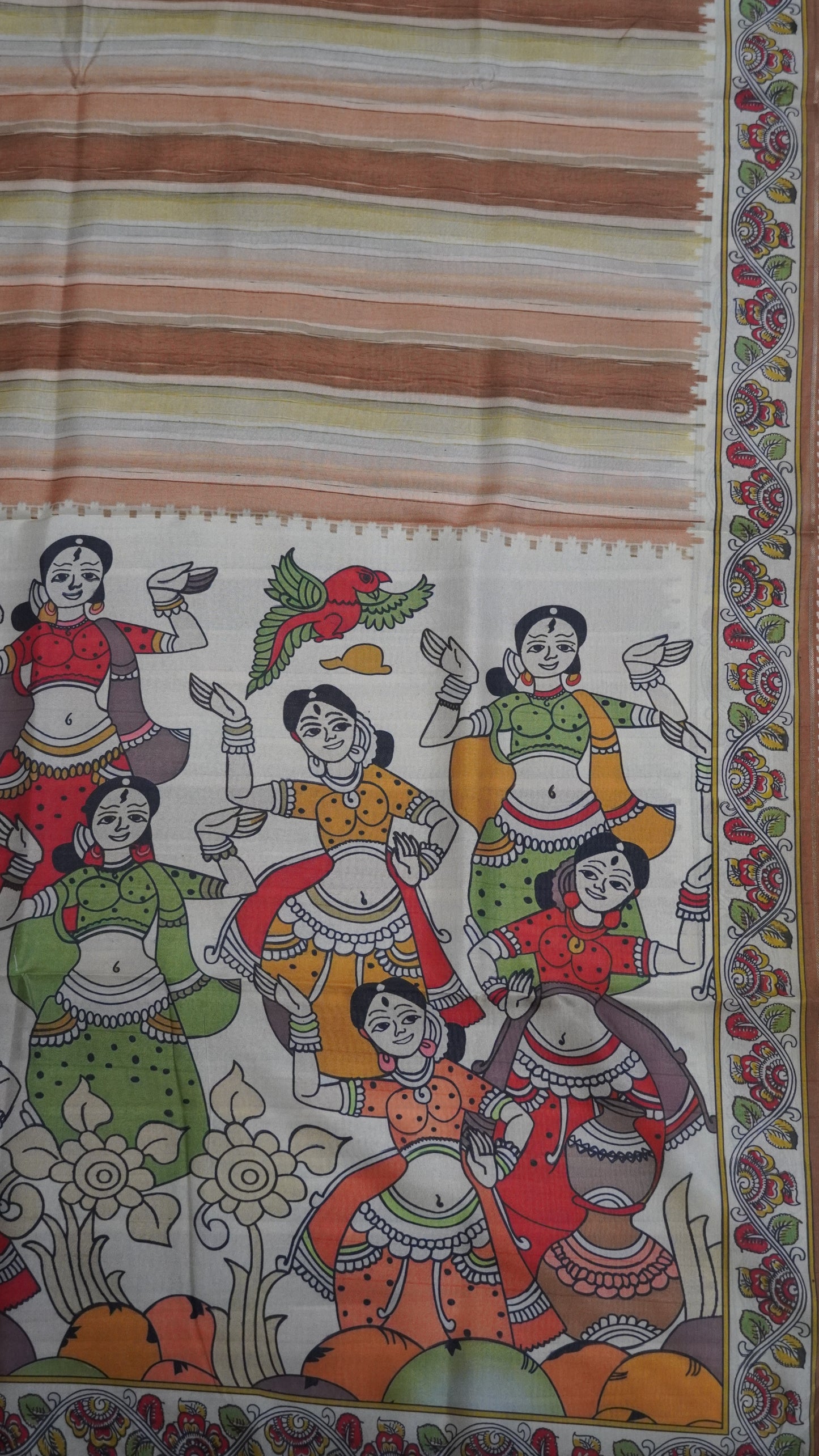 Crepe Silk Saree-Light Khaki with Kalamkari Border and Pallu