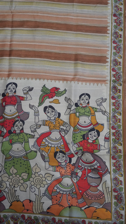 Crepe Silk Saree-Light Khaki with Kalamkari Border and Pallu
