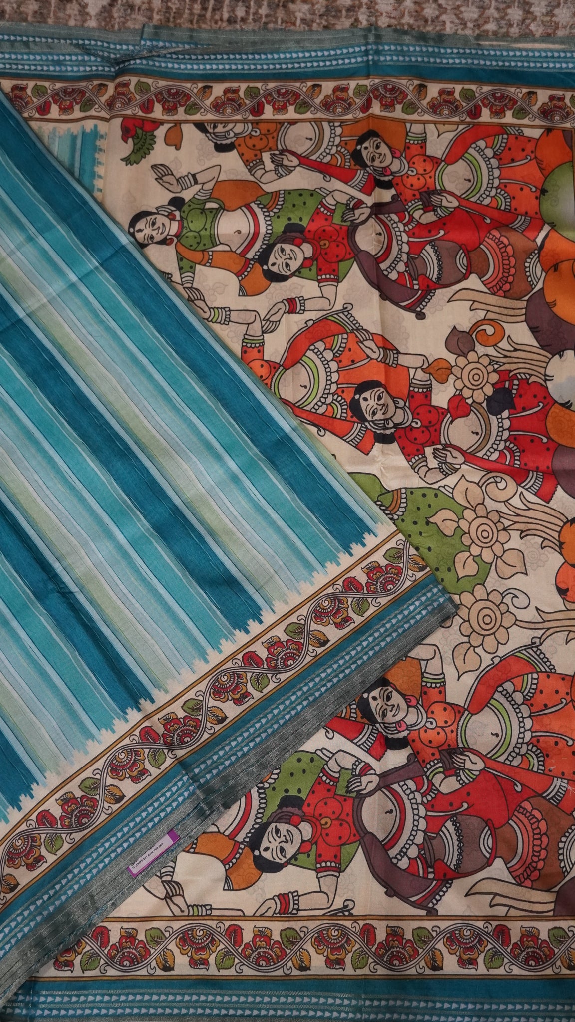 Crepe Silk Saree-Sky blue with Kalamkari Border and Pallu