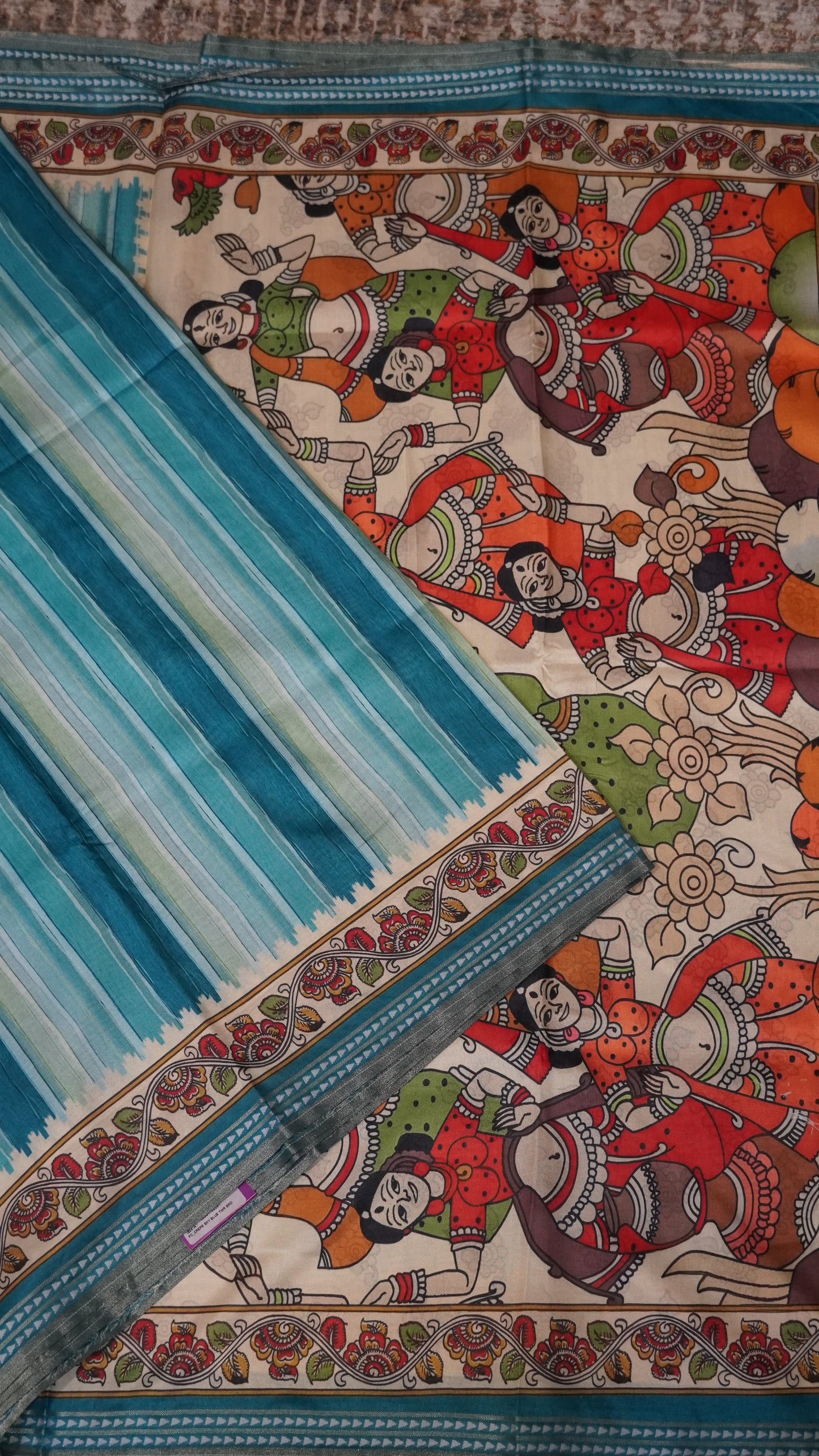 Crepe Silk Saree-Sky blue with Kalamkari Border and Pallu