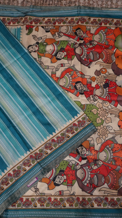 Crepe Silk Saree-Sky blue with Kalamkari Border and Pallu