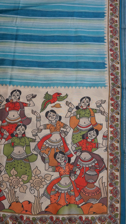 Crepe Silk Saree-Sky blue with Kalamkari Border and Pallu