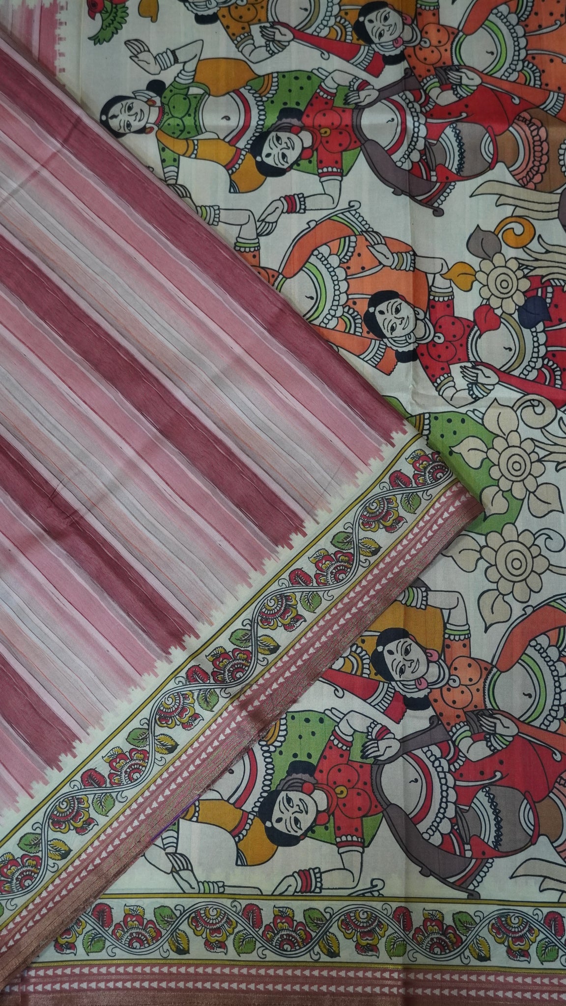 Crepe Silk Saree-Pastle Pink with Kalamkari Border and Pallu