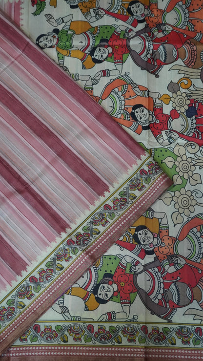 Crepe Silk Saree-Pastle Pink with Kalamkari Border and Pallu