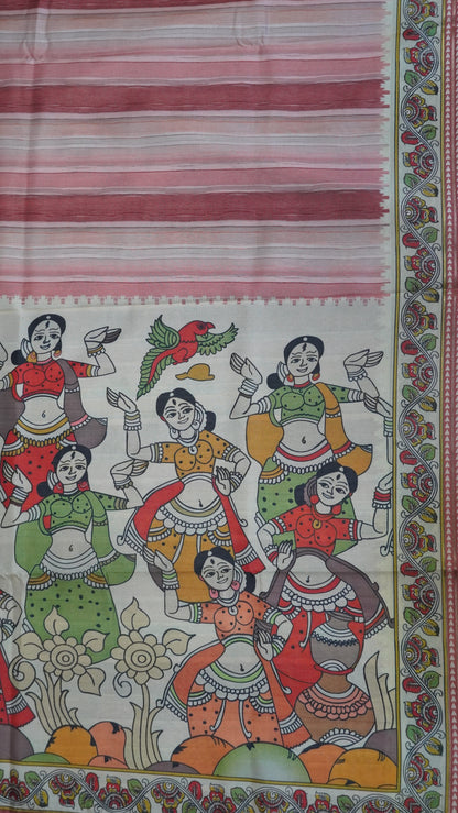 Crepe Silk Saree-Pastle Pink with Kalamkari Border and Pallu