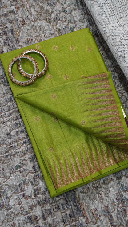 Pure Tussar Saree- Tower Border Mehandi Green