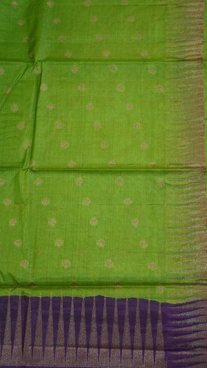 Pure Tussar Saree- Tower Border Mehandi Green