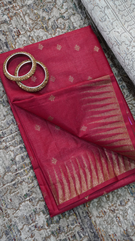 Pure Tussar Saree- Tower Border Red