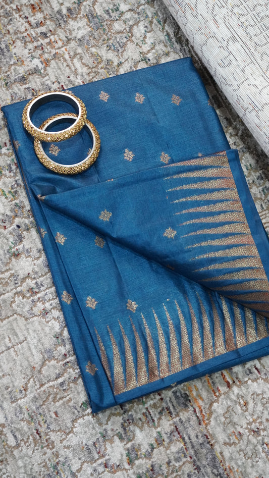 Pure Tussar Saree- Tower Border Peacock Blue