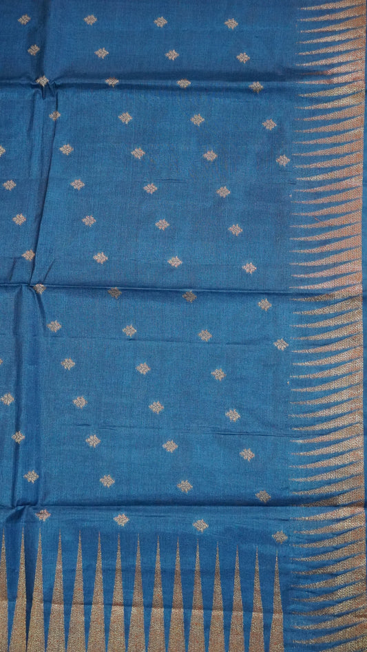 Pure Tussar Saree- Tower Border Peacock Blue