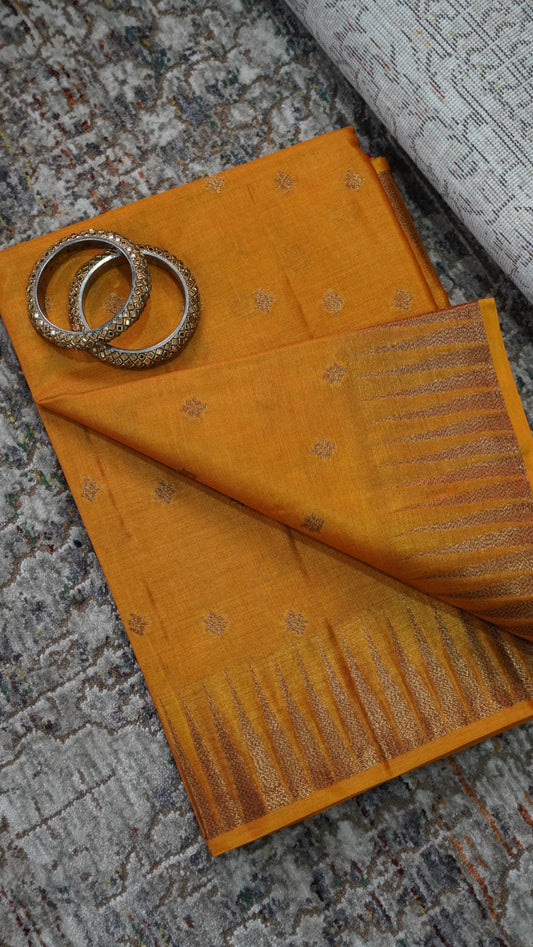 Pure Tussar Saree- Tower Border Mustard