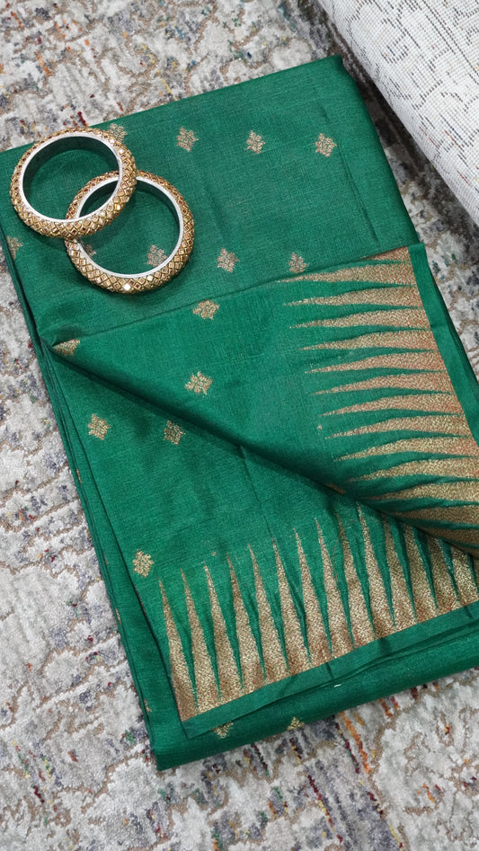 Pure Tussar Saree- Tower Border Green
