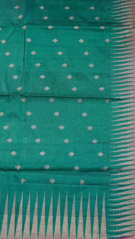 Pure Tussar Saree- Tower Border Green