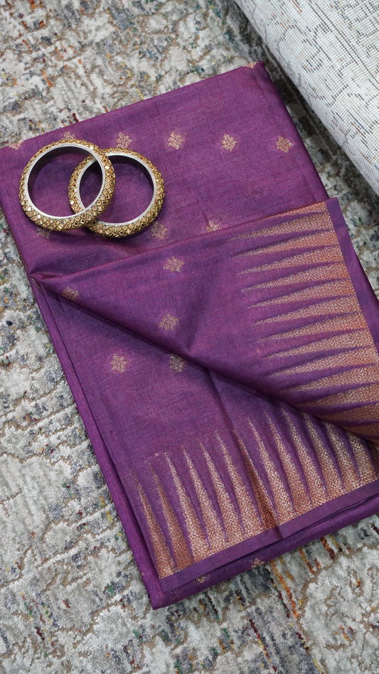 Pure Tussar Saree- Tower Border Dark Purple