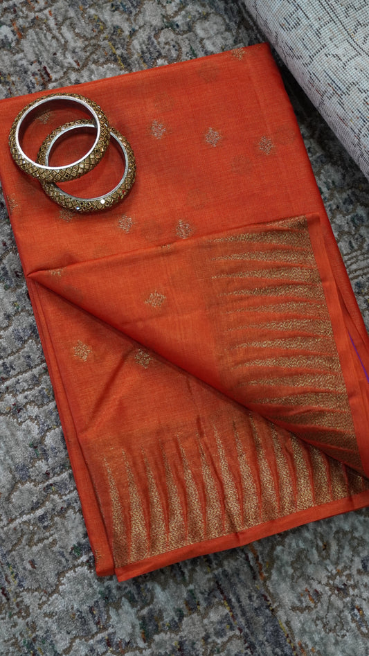 Pure Tussar Saree- Tower Border Orange