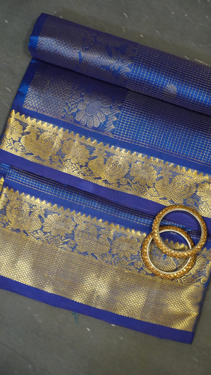 Pure Silk Cotton Saree - Mini Zari Checks Peacock Blue