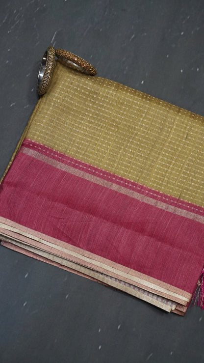 Semi Tussar Saree - Mini Zari Olive Green