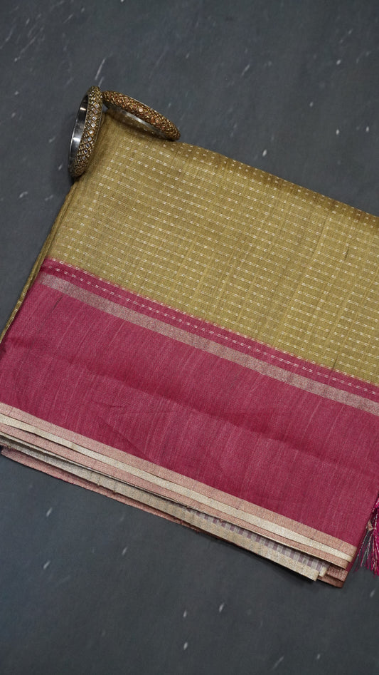 Semi Tussar Saree - Mini Zari Olive Green