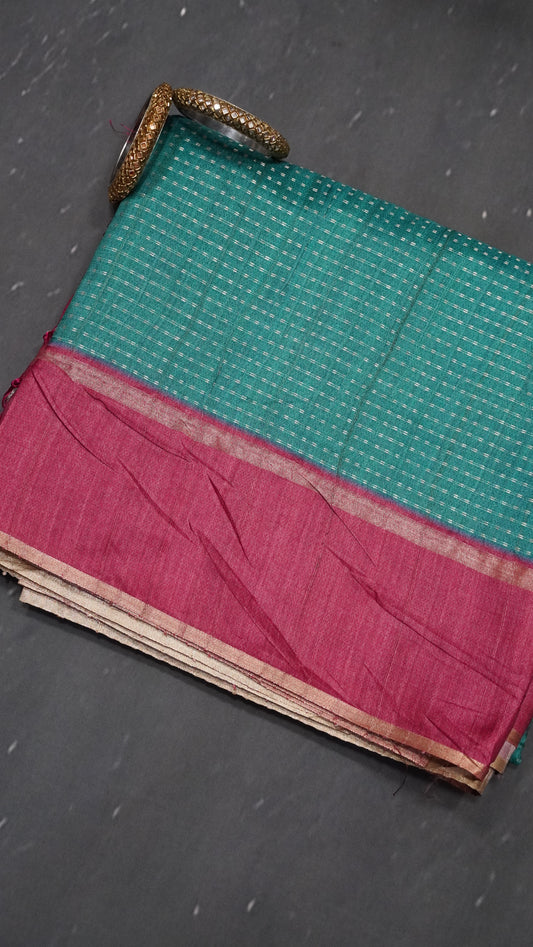 Semi Tussar Saree - Mini Zari Peacock Green.