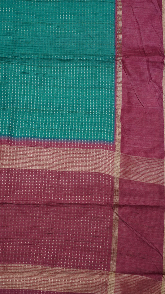 Semi Tussar Saree - Mini Zari Peacock Green