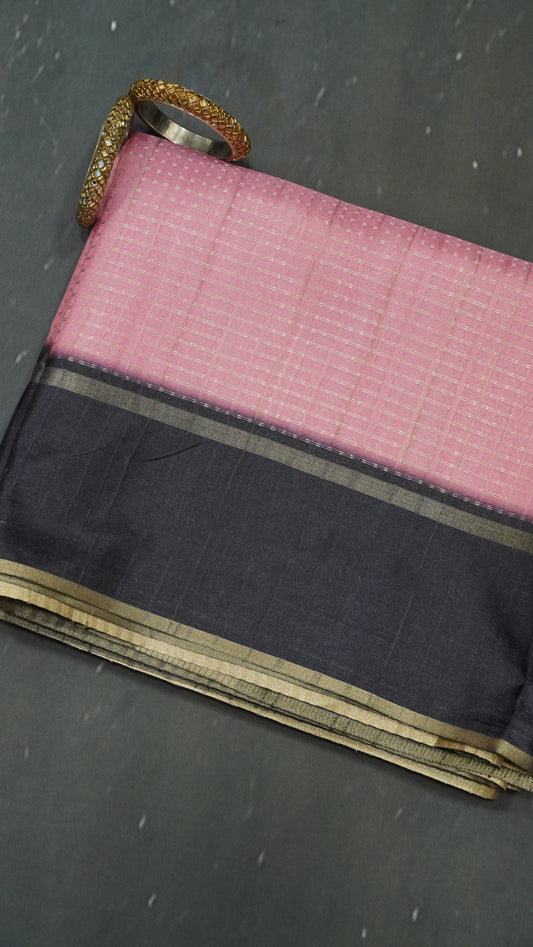Semi Tussar Saree - Mini Zari Pink - Black