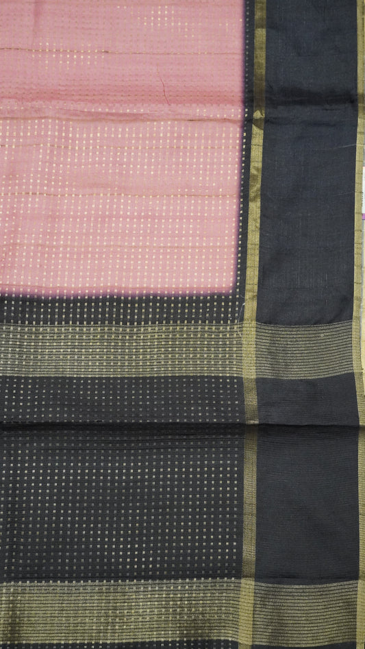 Semi Tussar Saree - Mini Zari Pink - Black