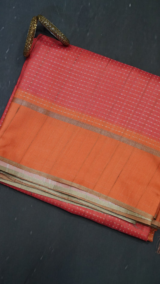 Semi Tussar Saree - Mini Zari Redish Peach