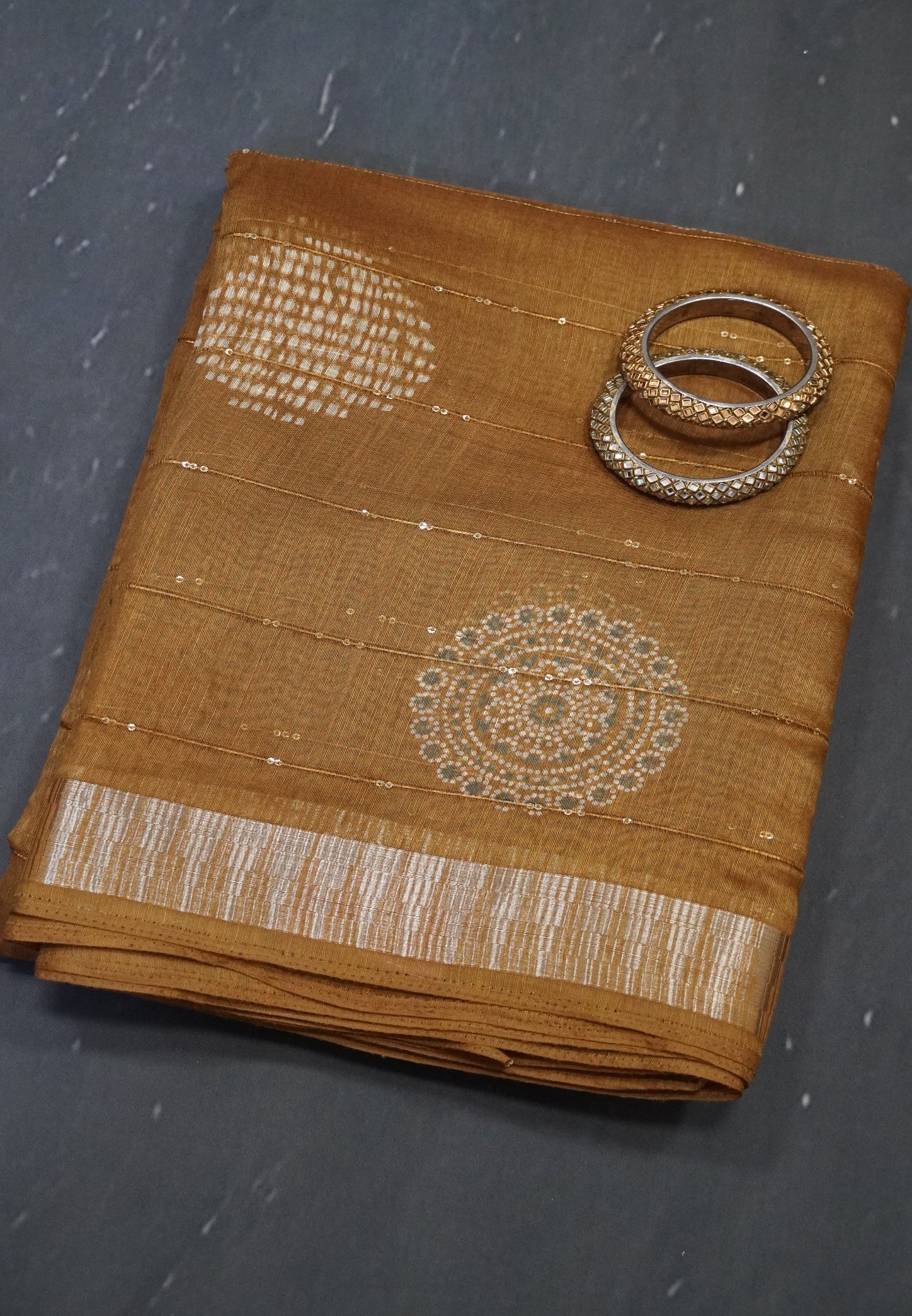 Semi Chanderi Saree -Kolam Sequence Khaki