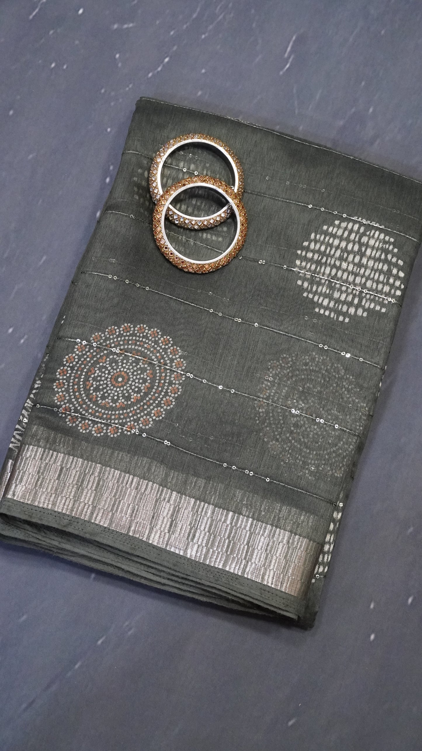 Semi Chanderi Saree -Kolam Sequence Dark Sage Green