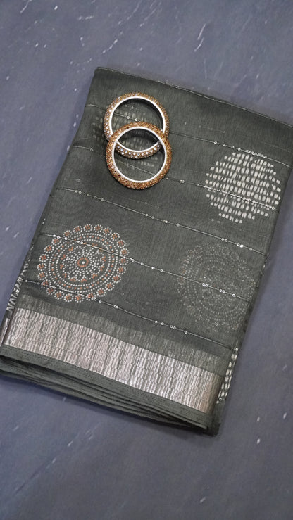 Semi Chanderi Saree -Kolam Sequence Dark Sage Green