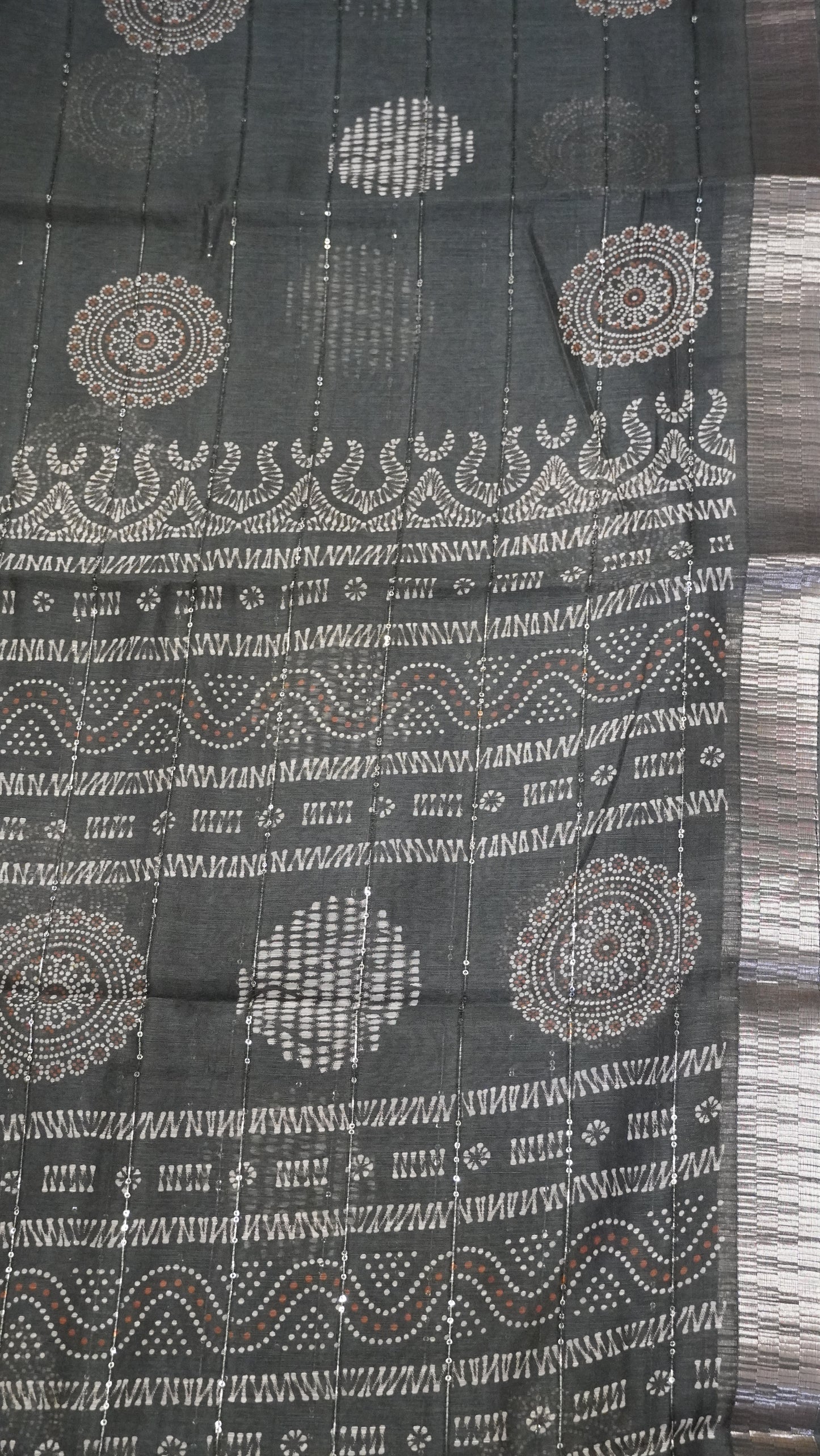 Semi Chanderi Saree -Kolam Sequence Dark Sage Green