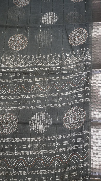 Semi Chanderi Saree -Kolam Sequence Dark Sage Green