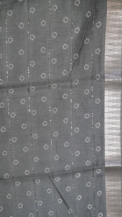 Semi Chanderi Saree -Kolam Sequence Dark Sage Green