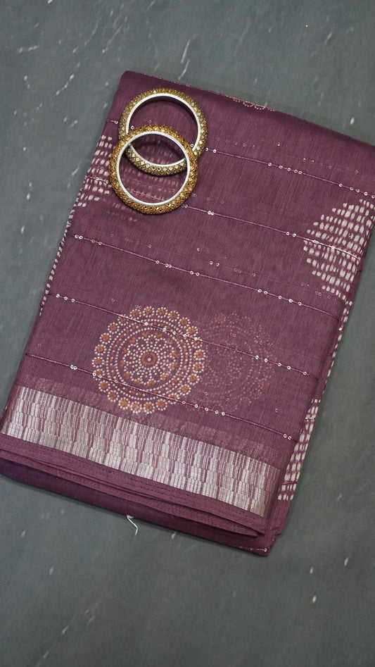 Semi Chanderi Saree -Kolam Sequence Purple