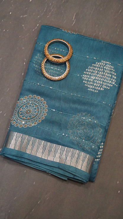 Semi Chanderi Saree -Kolam Sequence Peacock Blue