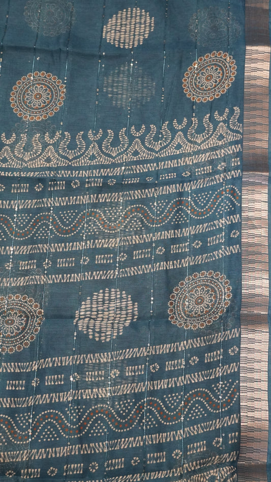 Semi Chanderi Saree -Kolam Sequence Peacock Blue