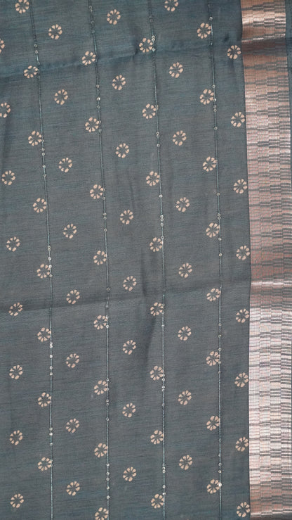 Semi Chanderi Saree -Kolam Sequence Peacock Blue