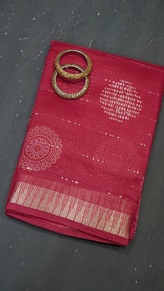 Semi Chanderi Saree -Kolam Sequence Dark Pink