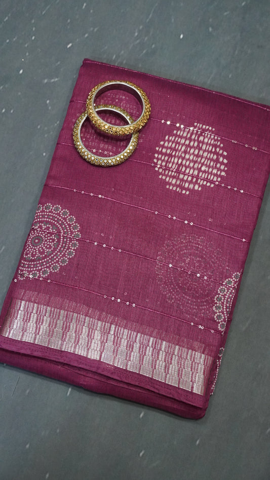 Semi Chanderi Saree -Kolam Sequence Light Wine